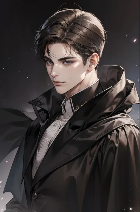 masterpiece, best quality, detailed face, realistic, 1man, mature male, handsome, 25 year old, closed mouth, portrait, extremely detailed face, cold and smirk, ((dark grey eyes)), ((short-right-swept dark brown hair)), [thick eyebrows], dark palace, ((long...