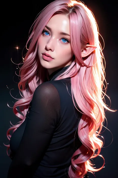 A woman, long curly hair, pink hair, blue eyes, elf, sensual, dark background, sexy, low-cut clothing, naughty, dark clothing, magic around