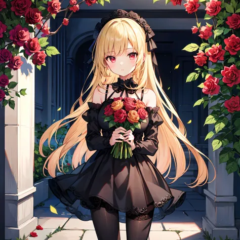 Wavy blonde、red eyes、Beautiful girl alone、Black fluffy dress、off shoulders、a miniskirt、rose garden、Black tights、Bouquet of roses