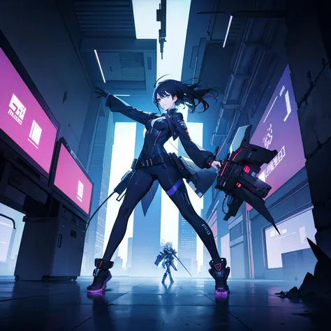 white cyberpunk girl in a dynamic pose