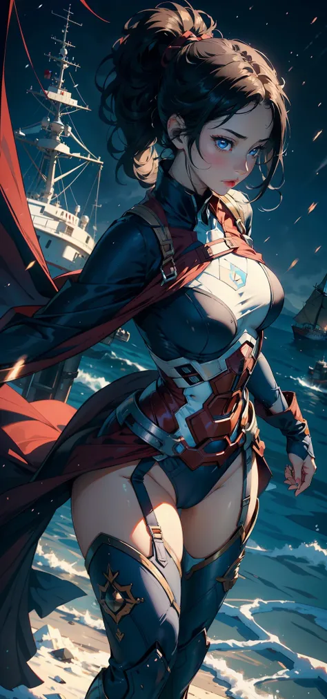 1female，35yo，plumw，extremely large bosom， 独奏，（Background with：Huge machinery，warships，the sea，battleships，nevando） She has short black hair，High ponytail，Standing at the bow of the ship，，seen from the front， hair straight， mostly cloudy sky，（（（tmasterpiece...