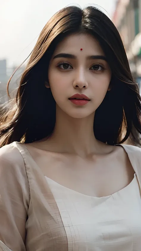 (((Desi Girl))), Slim face, Natural Skin, Wearing a hot deep necktop and dupatta, Attractive black hair, ((The ends of the hair are blonde)), city street background, Bokeh