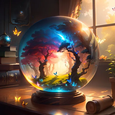 (Masterpiece),(Best quality:1.0), (超高分辨率,), Detailed, A glass ball，There is a tree inside, Digital art, cg society contest winner, Butterflies and sunlight, concept art design illustration, Beautiful digital illustration, Closed ecosystems