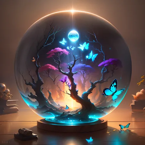 (Masterpiece),(Best quality:1.0), (超高分辨率,), Detailed, A glass ball，There is a tree inside, Digital art, cg society contest winner, Butterflies and sunlight, concept art design illustration, Beautiful digital illustration, Closed ecosystems