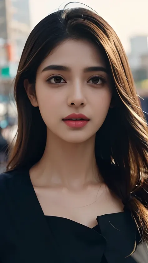 (((Desi Girl))), Slim face, Natural Skin, Wearing a hot deep necktop and dupatta, Attractive black hair, ((The ends of the hair are blonde)), city street background, Bokeh