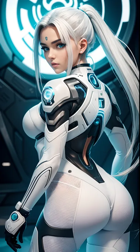 Uma mulher com cabelo branco rabo de cavalo, com poderes de gelo, olhos azuis, wearing a white cybernetic suit, estilo cyberpunk