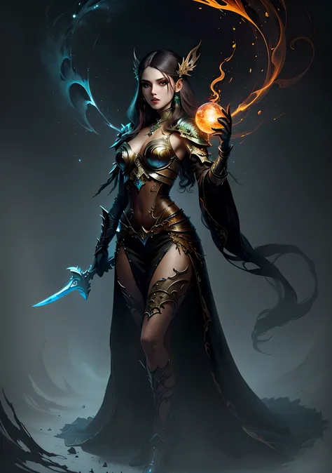 uma mulher em um vestido preto segurando uma bola brilhante, epic fantasy HD art style, Epic Fantasy Digital Art Style, epic fantasy character art, design de personagens de fantasia sombria, arte do personagem de fantasia, epic exquisite character art, art...