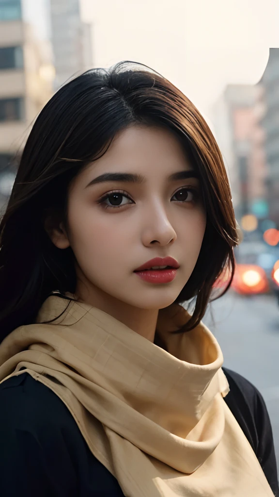 (((Desi Girl))), Slim face, Natural Skin, Wearing a hot deep necktop and dupatta, Attractive black hair, ((The ends of the hair are blonde)), city street background, Bokeh