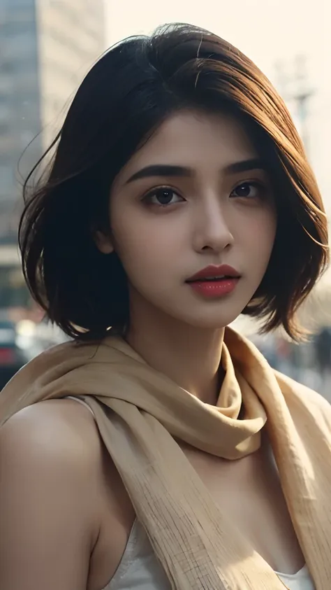 (((Desi Girl))), Slim face, Natural Skin, Wearing a hot deep necktop and dupatta, Attractive black hair, ((The ends of the hair are blonde)), city street background, Bokeh