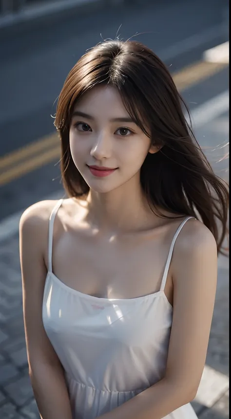 tmasterpiece，Highest image quality，insanely detaileda，delicate facial portrayal，(（Casual wear）)，8K分辨率，Delicate face，Lovers smile，Lovely incomparable beauty，Delicate and translucent eyes，long silver messy hair，Street，(Gorgeous light and shadows)，Soft Focus，...