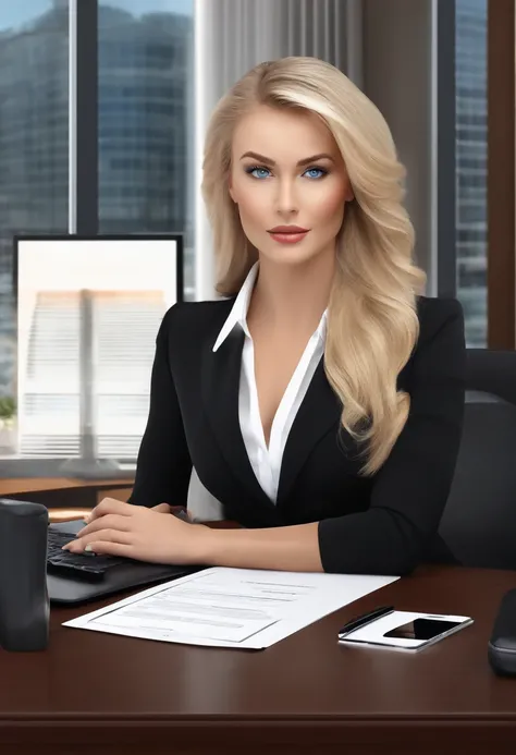 professional, (4k photo:1.1), high detail, wearing black business dress, beautiful detailed face, blue eyes, not too long blonde hair, body shape, office board room with desk, windows