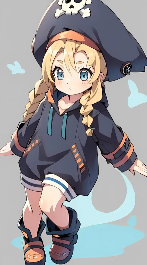 patty fleur, blonde hair, twin braids, one blue eye, young, pirate hat, pirate, coat, boots,
ggmay, orange headwear, hat, skull ...