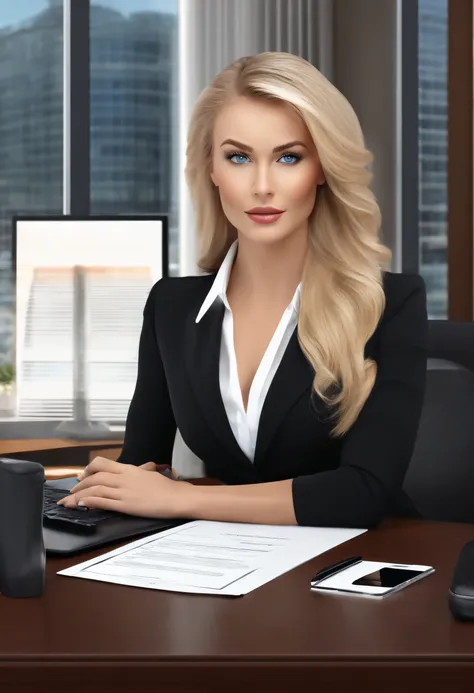 professional, (4k photo:1.1), high detail, wearing black business dress, beautiful detailed face, blue eyes, not too long blonde hair, body shape, office board room with desk, windows