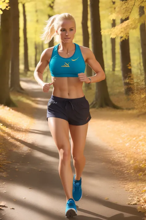 stunning blonde haired girl with visible abs running through autumnal woods at the golden hour, short pants