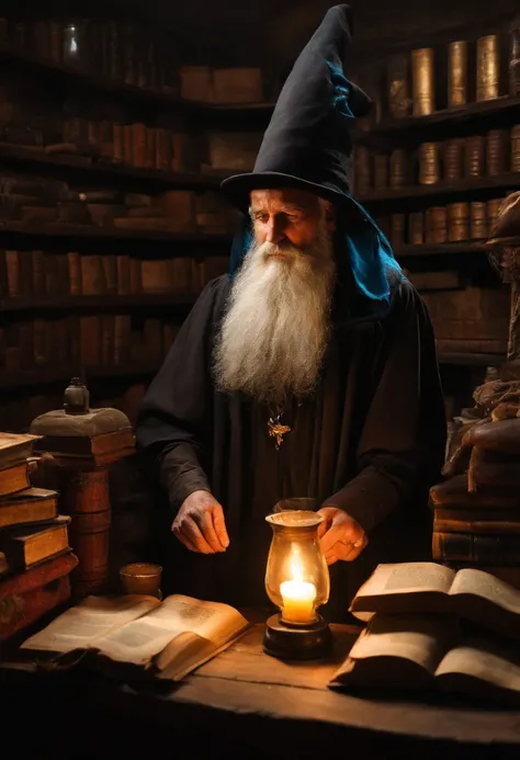 a black wizard, very old with a long beard, in a rustic and secret place with shelves of old books, making magic potions.