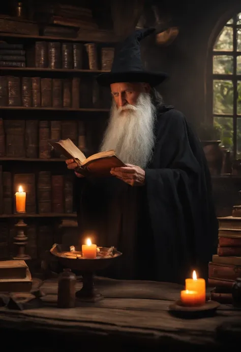 a black wizard, very old with a long beard, in a rustic and secret place with shelves of old books, making magic potions.