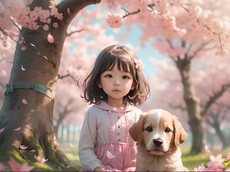 Little girl, and puppy,  Face the lens, Under trees with cherry blossoms, masterpiece, good quality. highly detailed.