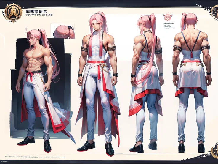 ((Masterpiece, Highest quality)), Detailed face, character design sheet， full bodyesbian, Full of details, frontal body view, back body view, Highly detailed, Depth, Many parts, Muscle boy with ponytail long pink hair，handsome man, muscle body, white outfi...