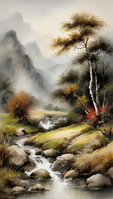 Chinese Landscape Painting，ink and watercolor painting，water ink，墨水，stain，Faraway view，Ultra-wide viewing angle，Meticulous，Diagram of five cows，Five scalpers，bank，Small Stone Bridge，grassy fields，a tree，Mountain view，（8k wall paper），（The effect of light an...