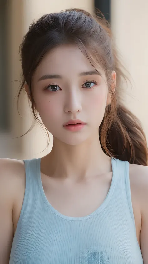 ((Best quality, 8k, Masterpiece :1.3)), 1girl, Pretty woman with emphasizing slender abs :1.3, (random hairstyles :1.2), Oversized tank top :1.2, Ultra-detailed face, Detailed eyes, Double eyelid, armpit