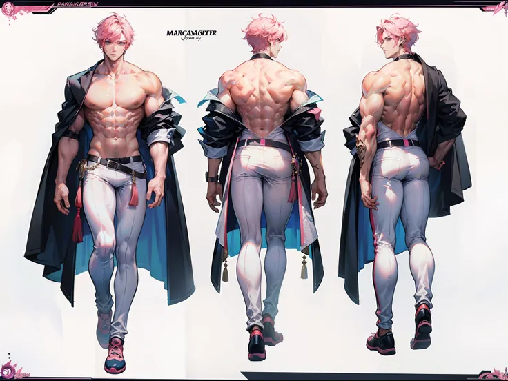 ((Masterpiece, Highest quality)), Detailed face, character design sheet， full bodyesbian, Full of details, frontal body view, back body view, Highly detailed, Depth, Many parts, Muscle boy with pink hair，handsome man, muscle body, white outfit male gods, m...