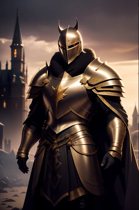 arafed knight in armor standing in front of a castle, armadura dourada de paladin, armadura obsidiana de ouro, o cavaleiro da ar...