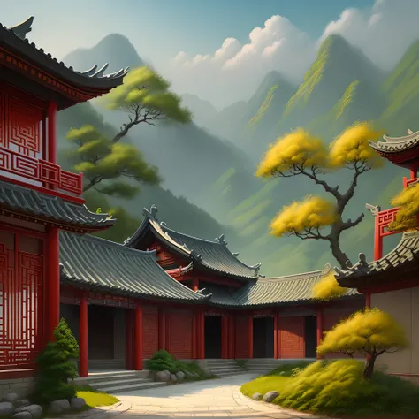 Chinese style elements, Chinese style, landscape illustration, oil painting