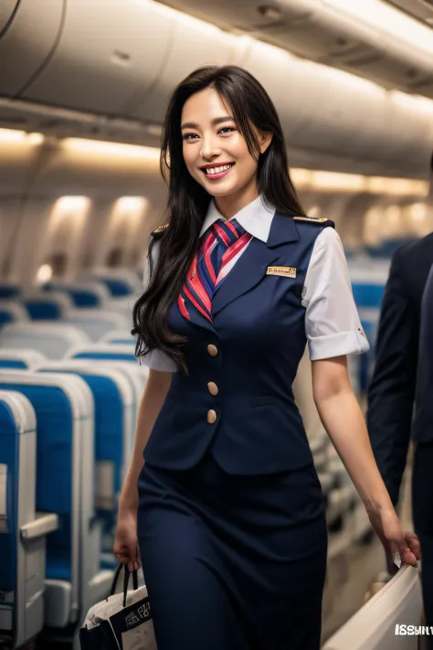 1womanl, 40 years、hyperdetailed face、Detailed lips、A detailed eye、二重まぶた、(Black bob hair、Smiling while walking gracefully down the aisle)、(Stewardess uniform:1.2)、(Glamorous body)、(Colossal tits)、thighs thighs thighs thighs, Perfect fit, Perfect image reali...