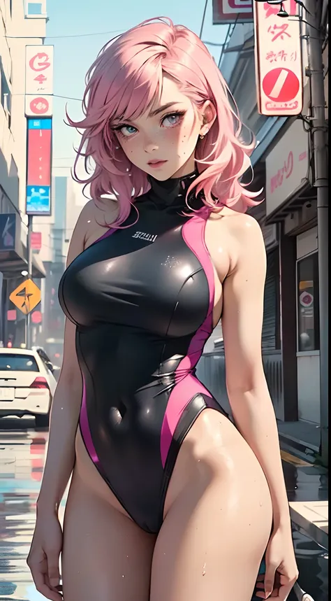 sporty girl,(((1girl))),((girl with bubblegum pink hair and freckles,extremely cute and gorgeous)),

(large breasts:1.4),saggy breasts,(((bubblegum pink hair:1.35,straight hair,long hair:1.4,colored inner hair,ear breathing))),(((heterochromia:1.5,eye1 pin...