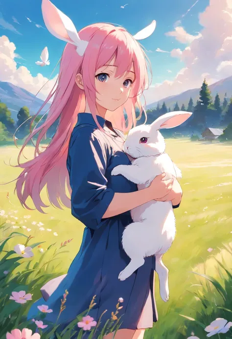 Girl with straight pink hair，Holding the little white rabbit，There are a lot of little white rabbits around，The background is a large meadow