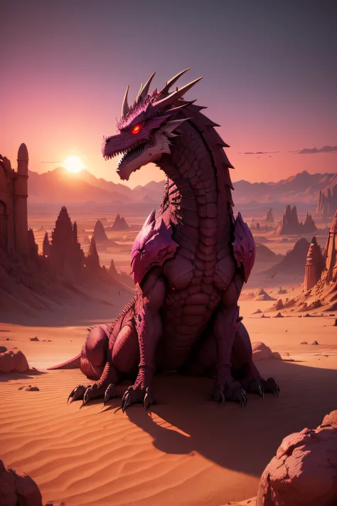 Create an ancient, desert environment, Dragons, magenta, greenish, red eyes, angry, apocalyptic, shadows,