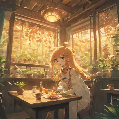 Anime character Little Cute Fox Girl , A large room, A lonely day, Fantasy treehouse, The room was full of possessions, Giblys Studio Style, intricate golden fur, beautiful and big eyes, Warm room with a view of anime characters from behind, Sit in front o...