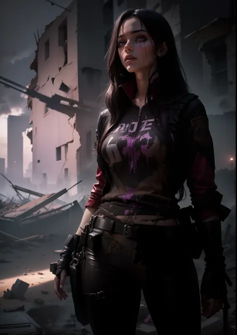 olho violeta, olho roxo, background of a destroyed city, fundo uma cidade de escombros cinzenta, roupa toda preta, roupa de agente, roupa de detetive, roupa preta