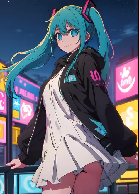 1girl,smile,cowboy shot, Wear a jacket，Big breasts Hatsune Miku，city neon light，looking at the stars