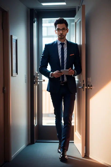 Person opening the door of a business room to join a meeting, shades of dark blue and orange