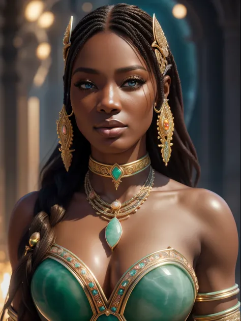 hyper realistic, ultra detailed photograph of a barbarian woman, look like Naomi Campbell as African American, ((honey eyes)), ((Jade ocean:1.25)), golden jewelry, shiny, sunlight fractal details, (Anna Steinbauer:1.5), depth of field, HOF, hall of fame, d...