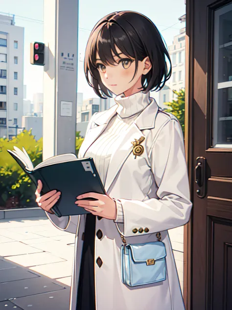 (((1 girl is studying))),23years old,easygoing,Pure,Apricot eyes,brunette color hair,Dark eyes,Short hair, Short hair,The feeling of a good wife and a good mother,Small nose bridge,,plumw,Light blue cotton coat,Light white turtleneck knit sweater,Cosmopoli...