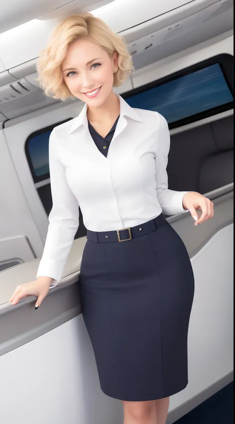 (White flight attendant uniform),view the viewer,Smiling,cheerfulness,Short curly blonde hair, standing, inside airplane,