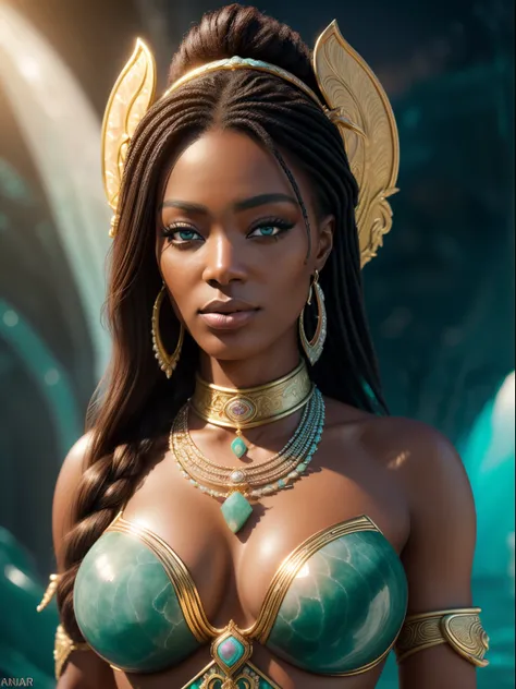 hyper realistic, ultra detailed photograph of a barbarian woman, look like Naomi Campbell as African American, ((honey eyes)), ((Jade ocean:1.25)), golden jewelry, shiny, sunlight fractal details, (Anna Steinbauer:1.5), depth of field, HOF, hall of fame, d...