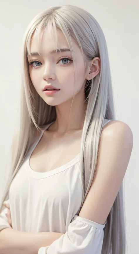 tmasterpiece， Best quality at best， Simple white clothes，bautiful young woman， shinning eyes， （detailedpupils：1.2），Pure， eyeslashes， Beautiful silver hair， Striped hair， multicolour， Medium hair， s the perfect face， A detailed，