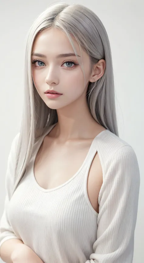 tmasterpiece， Best quality at best， Simple white clothes，bautiful young woman， shinning eyes， （detailedpupils：1.2），Pure， eyeslashes， Beautiful silver hair， Striped hair， multicolour， Medium hair， s the perfect face， A detailed，