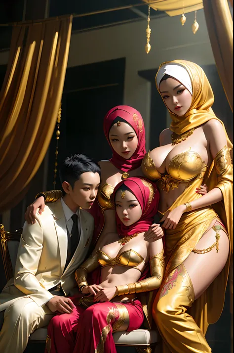 there are a group of people dressed in gold and red, harem, artwork in the style of guweiz, cgsociety masterpiece, inspired by Rudy Siswanto, in the style of ross tran, inspired by hajime sorayama, ross tran 8 k, guweiz masterpiece, official fanart, by Rud...