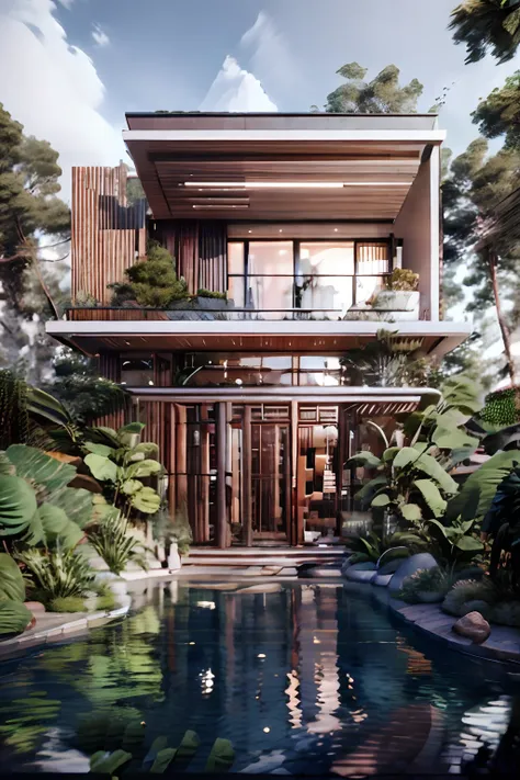 a front view of 4 levels villa, modern style,hyper realistic, use a lot of glass, large door, beautiful sky