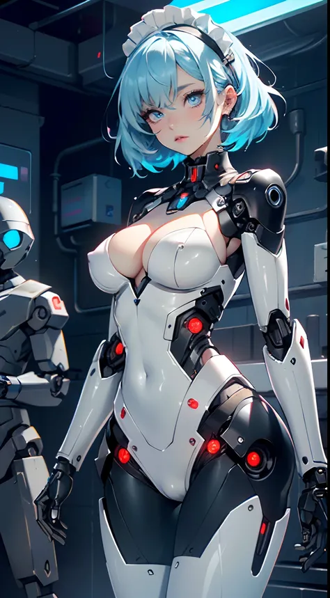 reelmech,(cyborg girl),(cyborg girl:1.5),
maid android,(((1girl))),((mechanical robot girl with extremely cute and beautiful pale blue hair)),

(large breasts:1.4),saggy breasts,(((pale blue bob hair:1.35,colored inner hair,short hair,ear breathing))),(((d...