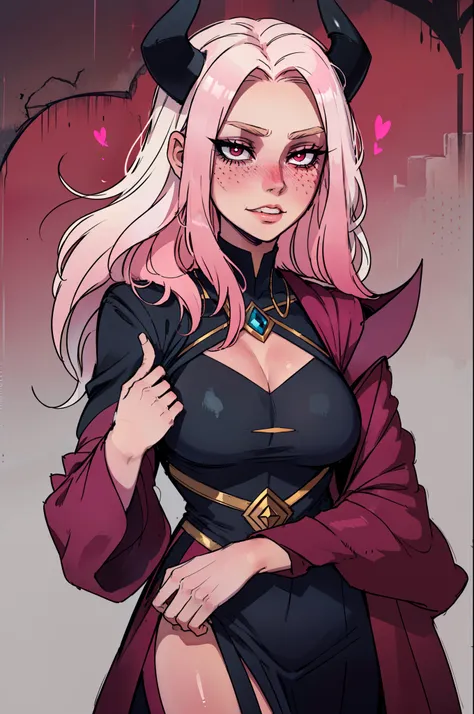 a beautiful pink-skinned woman pink as a demon devil with pink skin with long black hair that goes all the way to the ground mak...