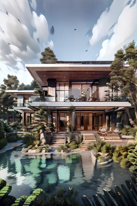 a front view of 4 levels villa, modern style, realistic, use a lot of glass, large door, beautiful sky