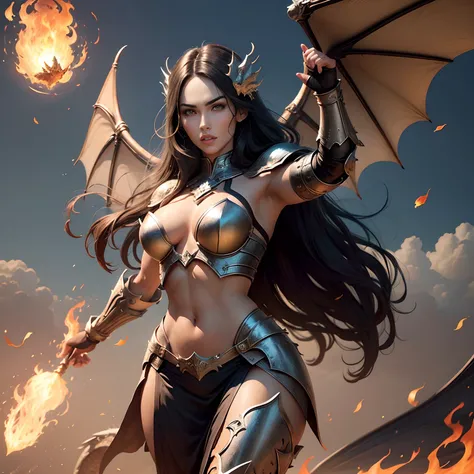 A Woman with the appearance of megan fox, vestida de uma armadura de guerreira medieval, flying in sky, com asas de chamas, with dragon fire wings, a dragon appearing behind, with flame in his hands, com uma pose de luta.