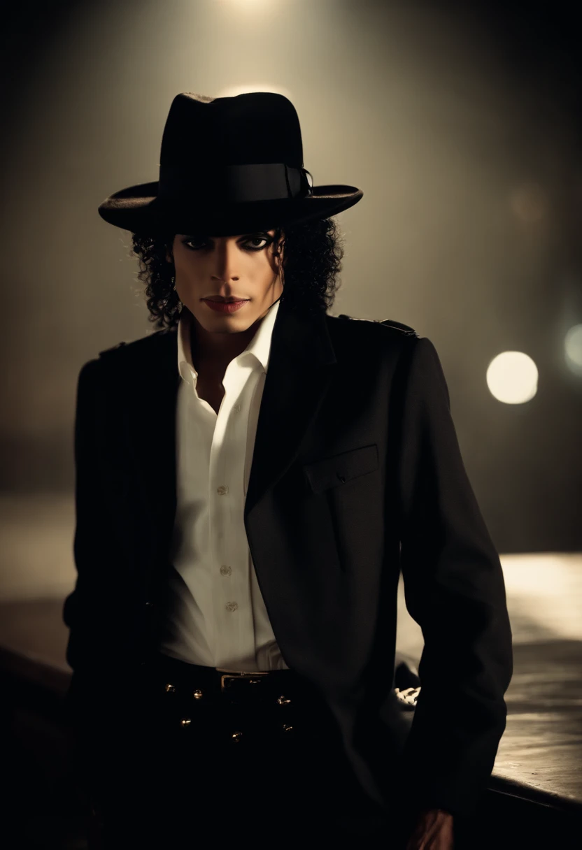 Michael Jackson com um fedora preto e um sobretudo preto, noir, dark cthulhu