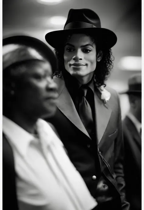 Michael Jackson com um fedora preto e um sobretudo preto, noir, dark cthulhu