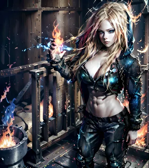 ((Avril Lavigne:1.2)) (1 girl) with (blue fire burning her eyes:1.3), a stunning face, wearing tight black shorts and a hoodie that is above waist length, perfect breasts, well-endowed, 8-pack abs, muscular legs, perky glutes, (round glutes, muscular glute...